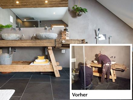 Voor- en nafoto van een renovatie met leistenen tegels in de badkamer