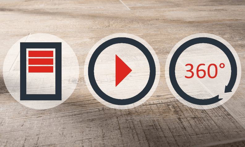 Symbolen voor tijdschriftartikelen, video's en panoramische rondleidingen voor gelegde stenen vloeren