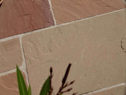 Tak steekt uit op terras van rustieke zandstenen platen