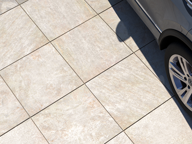 Bovenaanzicht op Classic Beige steeneffecttegels van 3 cm met auto-afloop