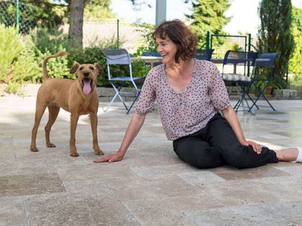 Vrouw zittend op een terras met bruine travertin platen, een hond naast haar