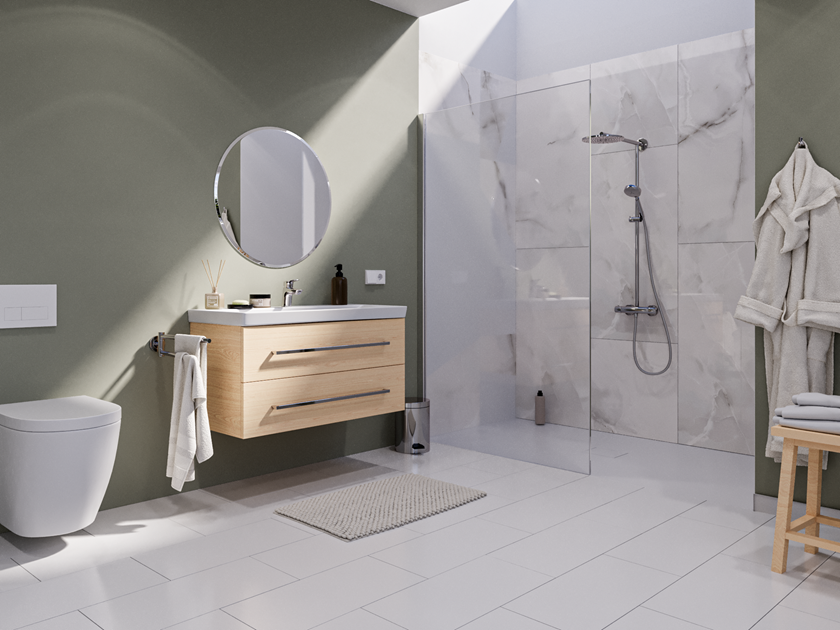 Marmeren Perla Crema douche in de hele badkamer