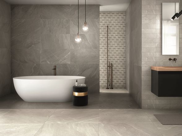 Badkamer met Canyon Pearl keramische tegels
