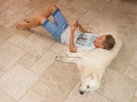 Travertin schieten, jongen met hond