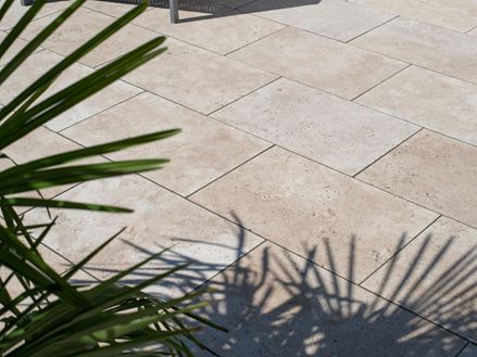 Palmbomen op het travertin terras