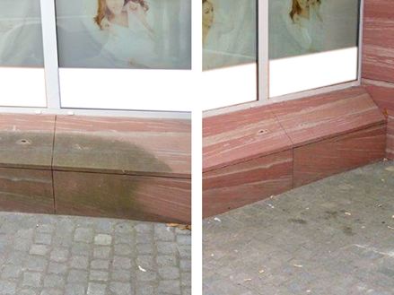 Zandstenen gevel voor en na verwijdering van de groene coating