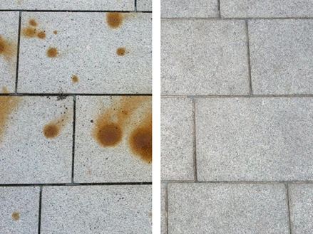 Granieten platen met roestvlekken reinigen Voor en na vergelijking