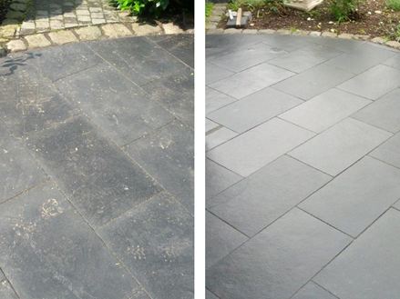 Voor en na vergelijking van het reinigen van leistenen tegels op het terras