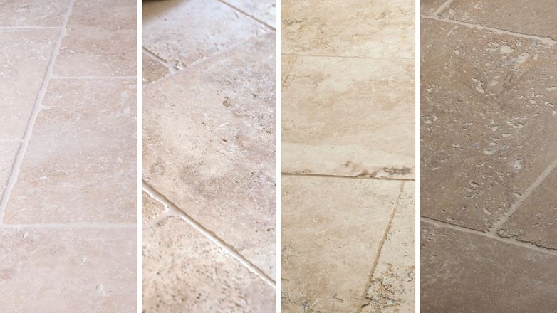 Getrommeld travertin kan zoveel gezichten hebben: Travertin Licht, Medium, Rustiek en Noce in vergelijking (van links naar rechts)