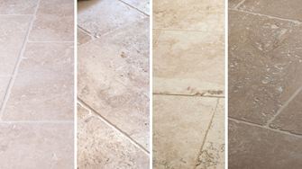 Getrommeld travertin kan zoveel gezichten hebben: Travertin Licht, Medium, Rustiek en Noce in vergelijking (van links naar rechts)