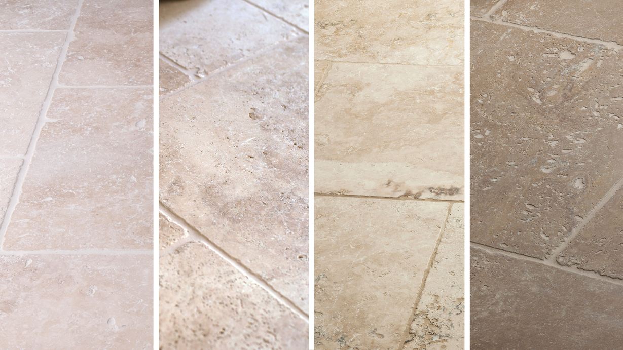 Getrommeld travertin kan zoveel gezichten hebben: Travertin Licht, Medium, Rustiek en Noce in vergelijking (van links naar rechts)