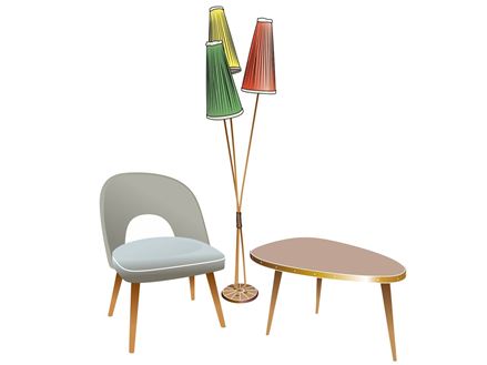 Typisch retro-meubilair: staande lamp met felgekleurde lampenkappen en niervormige